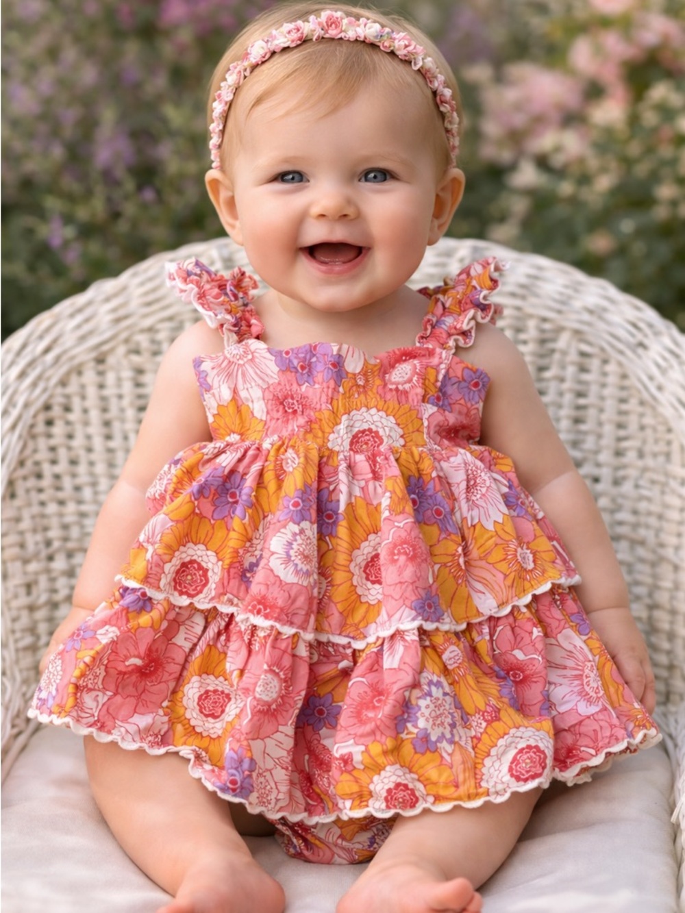Floral Gathered & Trimmed Baby Dress - Pink, Yellow & Purple from Haute Hippie